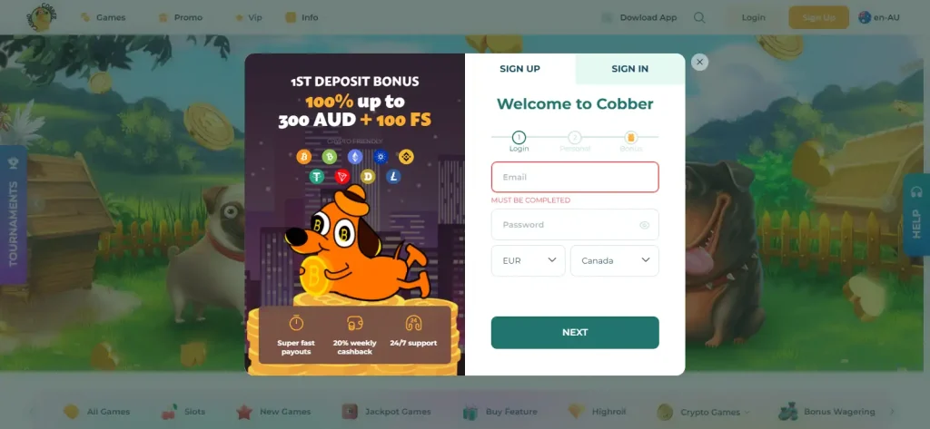 Cobber Casino Australian registration form showing email, password, currency and country fields