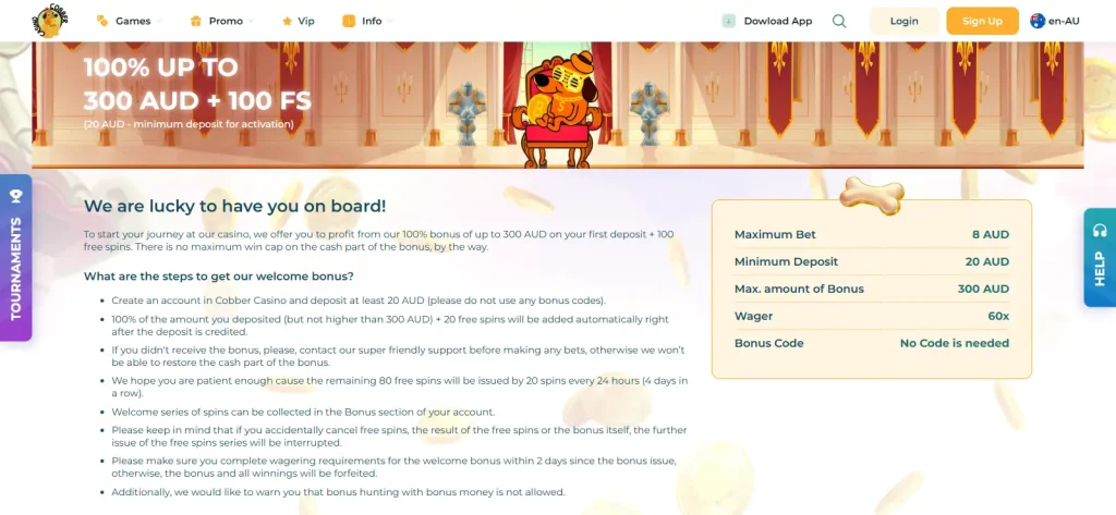Cobber Casino Australian welcome bonus page showing the current first-deposit offer and AUD terms