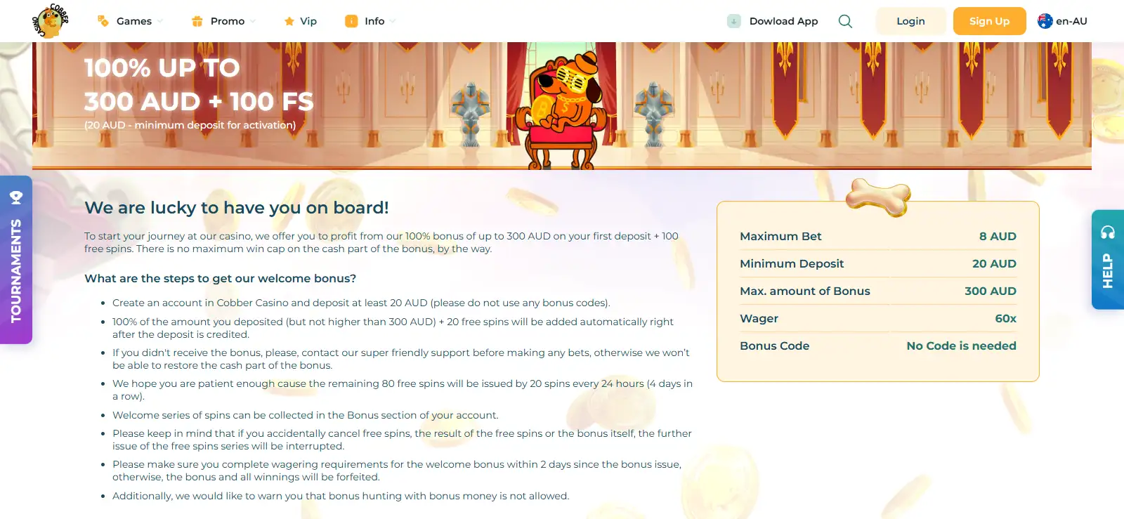 Cobber Casino Australian welcome bonus page showing the current first-deposit offer and AUD terms