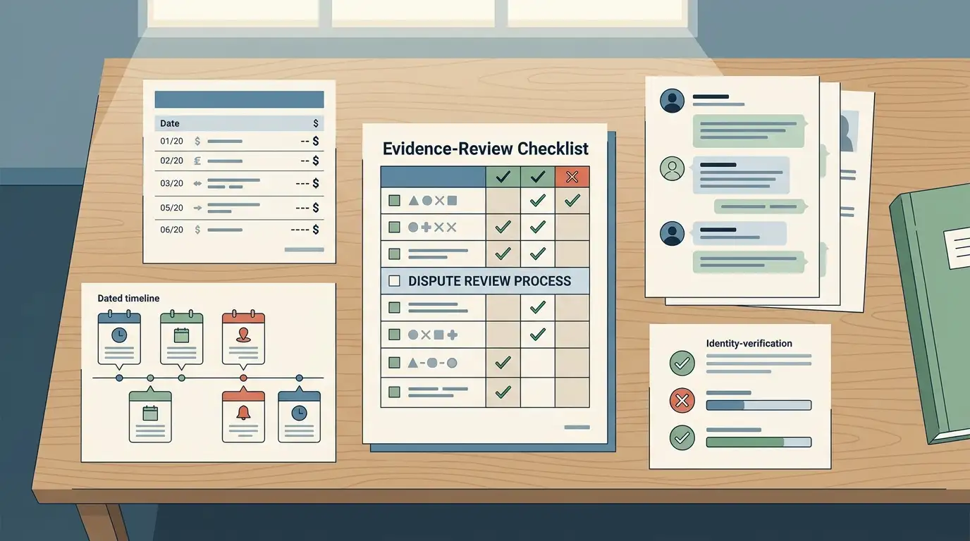 Editorial evidence checklist for reviewing an online casino complaint with transaction records, support messages, verification status and a dated timeline