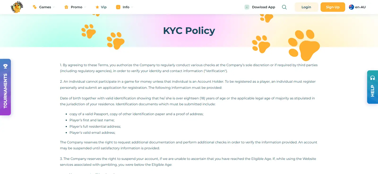 Cobber Casino KYC policy showing identity and verification requirements