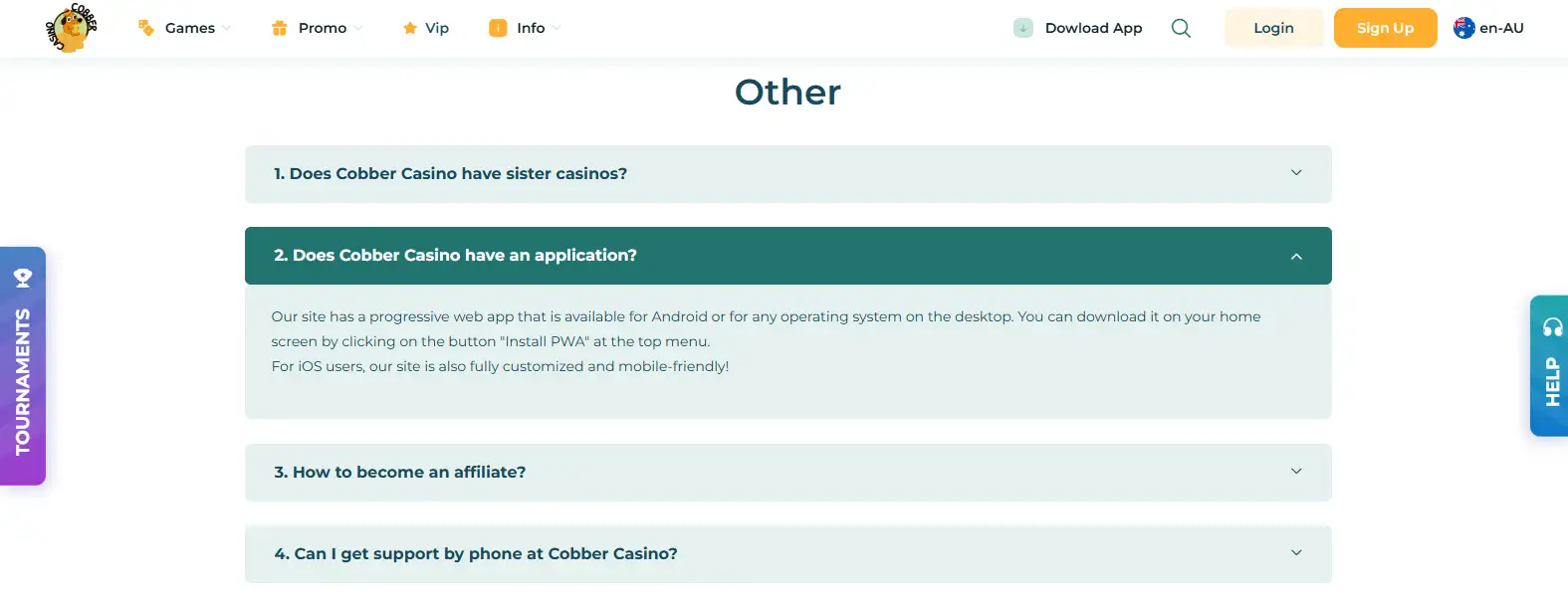 Official Cobber Casino mobile or PWA interface on the current site