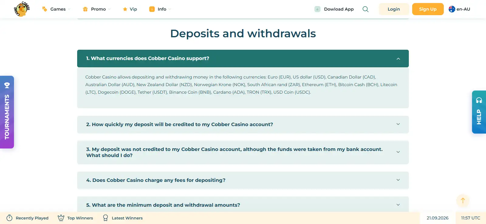 Cobber Casino official FAQ showing AUD and supported deposit and withdrawal currencies