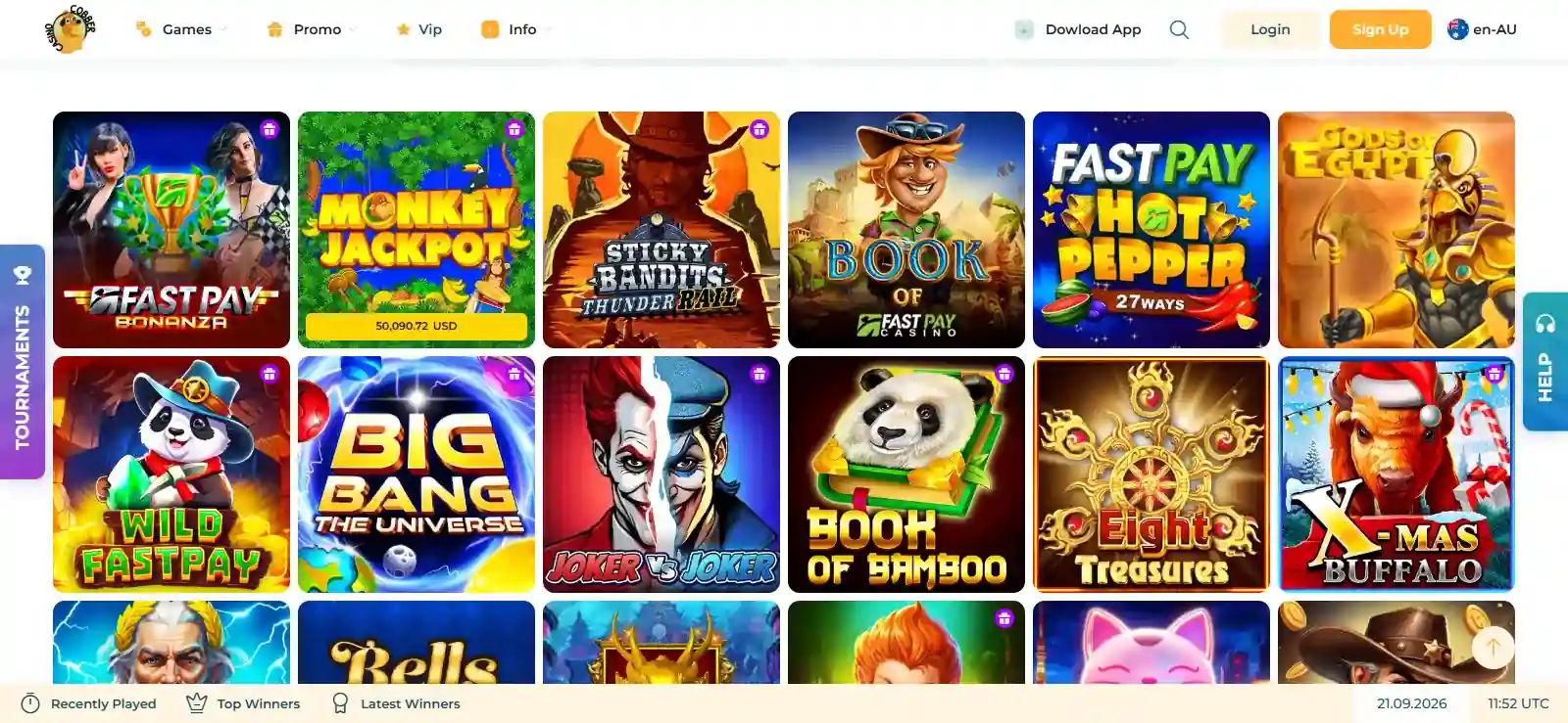 Cobber Australian slots lobby with current game cards and discovery filters
