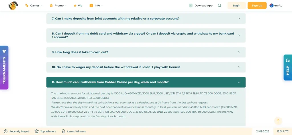 Cobber Casino official terms showing current withdrawal limits and processing rules