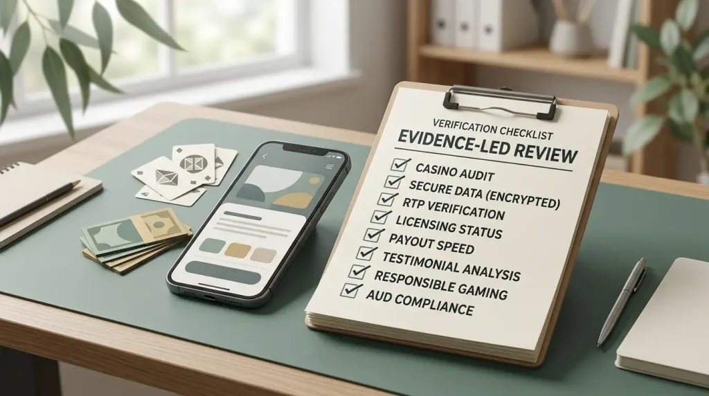 Editorial illustration of an Australian casino review checklist beside a mobile device and neutral game symbols