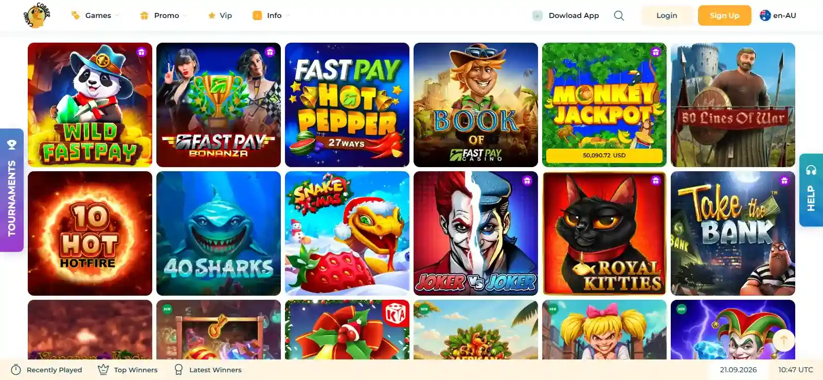 Cobber Casino Australian homepage showing the en-AU edition and current lobby context